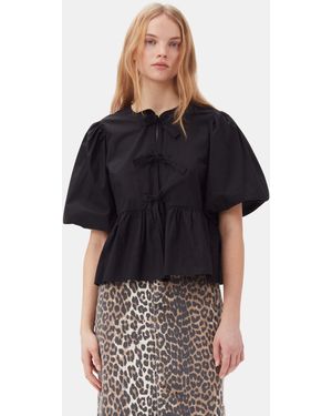 Ganni Cotton Poplin Peplum Tie Blouse - Black