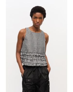 Ganni Crinkled Check Frill Top - Black
