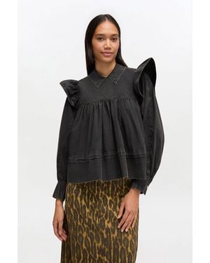 Ganni Washed Frill Blouse - Black