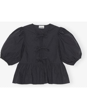 Ganni Cotton Poplin Peplum Tie Blouse - Black