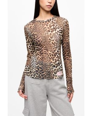 Ganni Leopard Printed Mesh Long Sleeve Blouse Polyester - Multicolour