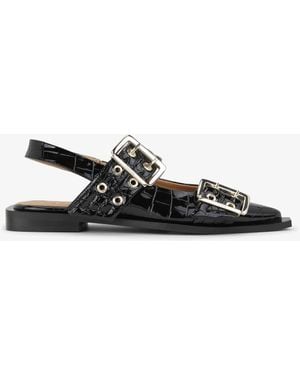 Ganni Croco Patent Feminine Buckle Ballerinas - Black