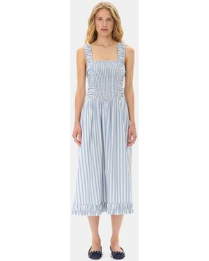 Ganni Blue Stripe Cotton Midi Strap Smock Dress
