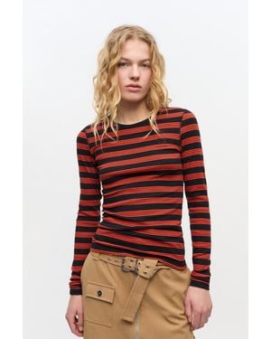 Ganni Striped Soft Cotton Rib Long Sleeve T-Shirt - Red