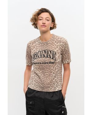 Ganni Leopard Wool Mix T-Shirt - Natural