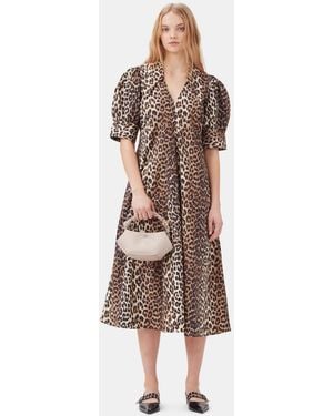 Ganni Leopard Cotton Poplin V-Neck Maxi Dress - Brown