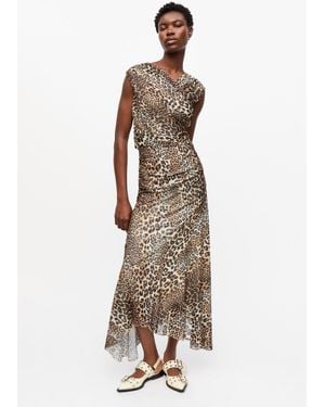Ganni Leopard Marl Mesh Long Ruched Crossover Dress Polyester - Natural