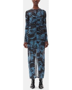 Ganni Printed Mesh O-Neck Ruched Long Kleid - Blau