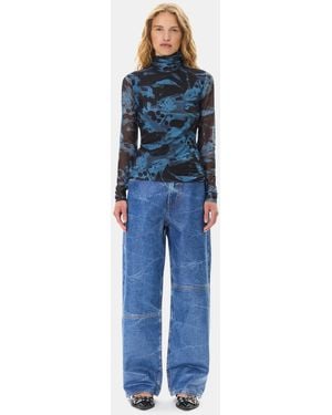 Ganni Printed Mesh Long Sleeve Rollneck - Blue