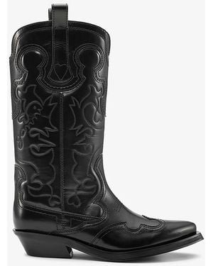 Ganni Mid Shaft Embroidered Western Boots - Black