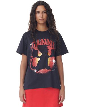 Ganni Dark Grey Relaxed Dragon T-shirt Size 2xs Organic Cotton - Red