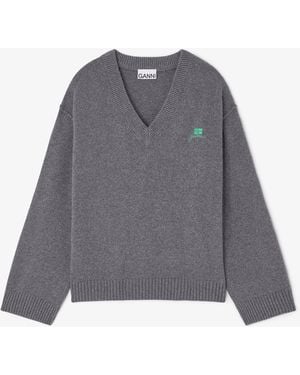 Ganni Wool Mix V-Neck Jumper - Blue