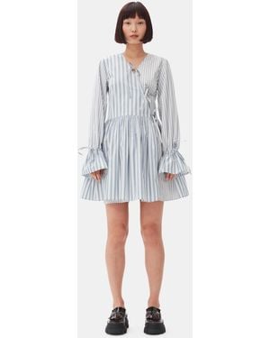 Ganni Stripe Cotton Mini Wrap Dress - Gray