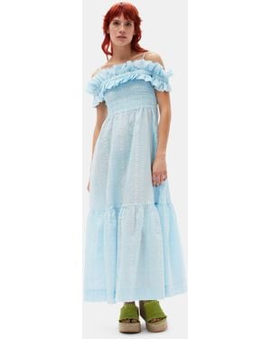 Ganni Sleeveless/straps Seersucker Check Smock Maxi Dress - Blue