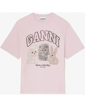 Ganni T-Shirt With Animals - Pink