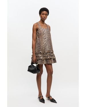 Ganni Leopard Cotton Poplin Mini Dress - Natural