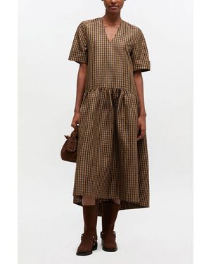 Ganni Crinkled Check Long Dress - Brown