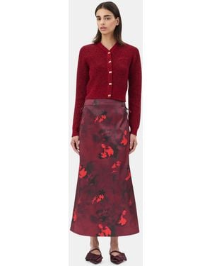 Ganni Printed Satin Maxi Skirt - Red