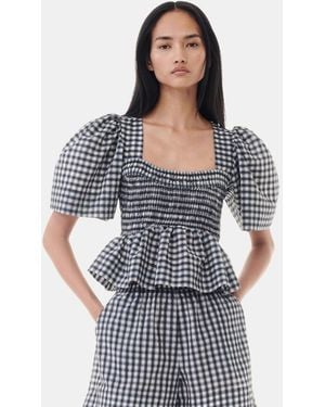 Ganni Seersucker Check Open-Neck Smock Blouse - Black