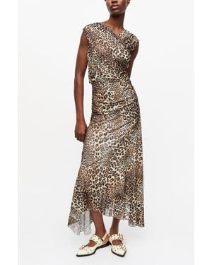 Ganni Leopard Marl Mesh Long Ruched Crossover Dress Polyester - Natural