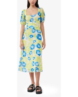 Ganni Printed Mesh Puff Sleeve Midi Dress - White