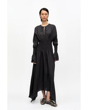 Ganni Viscose Habotai Smock Midi Dress - Black