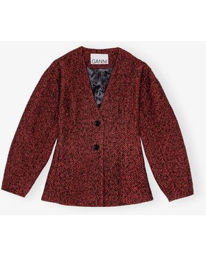Ganni Herringbone Wool Curve Sleeve Blazer - Red