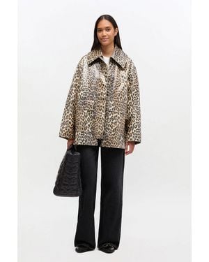 Ganni Leopard Laminated Cotton Jacket - Natural