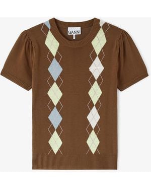 Ganni T-Shirt Im Argyle-Muster Bio-Baumwolle - Braun