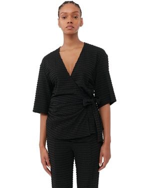 Ganni Short Sleeve Stretch Seersucker Wrap Blouse - Black