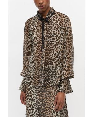 Ganni Leopard Print Chiffon Tie String Shirt Viscose - Multicolour