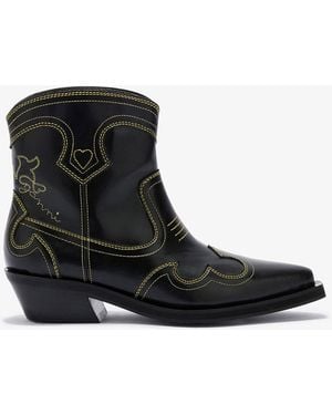 Ganni Low Shaft Embroidered Western Boots - Black
