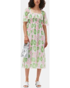 Ganni Pleated Georgette Midi Smock Dress - White