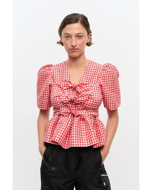 Ganni Taffeta Check Bow-Tie Blouse - Red