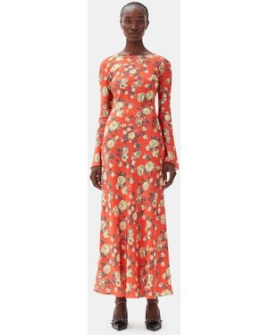 knee length dresses for ladies Ganni // Green & Multicolour Printed Ruched Mesh Dress  VSP Consignment