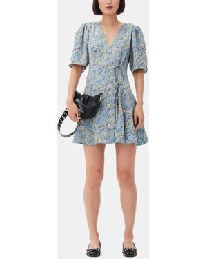 Ganni Floral Printed Crinkled Satin Mini Wrap Dress - Blue
