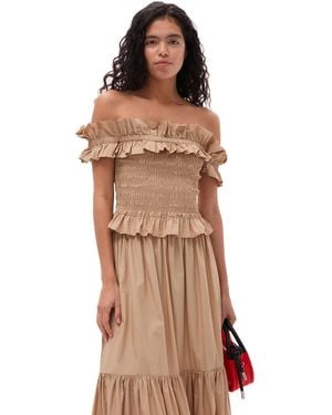 Ganni Sleeveless Cotton Poplin Off-shoulder Smock Top - Brown