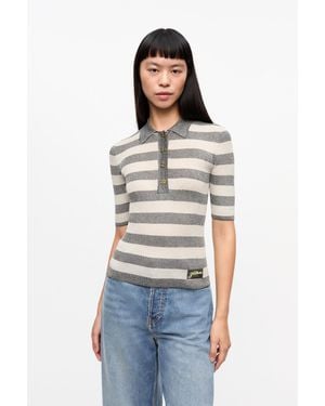 Ganni Striped Sparkle Rib Polo T-Shirt - White