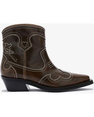 Ganni Low Shaft Embroidered Western Boots - Brown