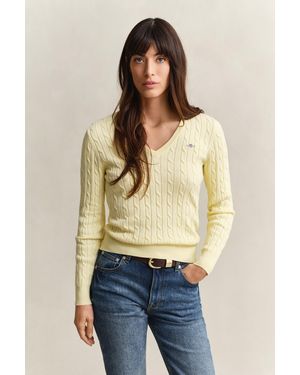 GANT Stretch Cotton Cable Knit V-Neck Jumper - Natural