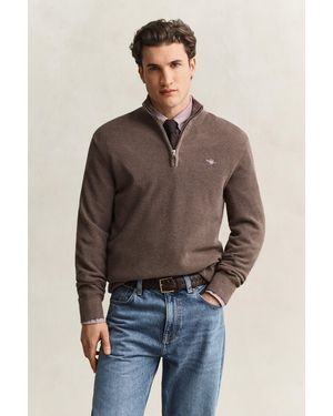 GANT Textured Cotton Half-Zip Jumper - Brown