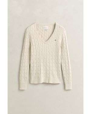 GANT Stretch Cotton Cable Knit V-Neck Jumper - Natural