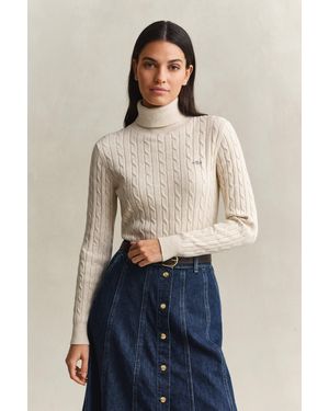 GANT Stretch Cotton Cable Knit Turtleneck Jumper - Blue