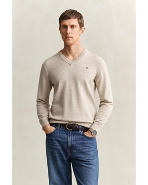 GANT Classic Cotton V-Neck Jumper Oat Melange - Natural
