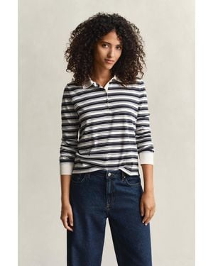 GANT Striped Long Sleeve Polo Shirt Cream - White