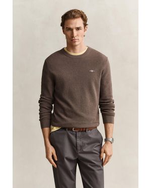 GANT Textured Cotton Crew Neck Jumper - Brown