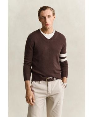 GANT Striped Cashmere V-Neck Jumper - Brown