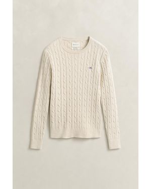 GANT Stretch Cotton Cable Knit Crew Neck Jumper - Natural
