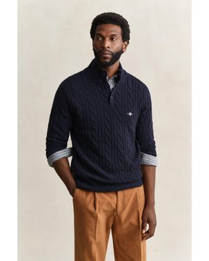 GANT Lambswool Cable Knit Half-Buttoned Jumper Evening - Blue