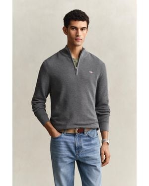 GANT Textured Cotton Half-Zip Jumper Melange - Grey